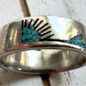 Vintage Southwestern Sterling Silver Turquoise Inlay Desert Landscape Band Ring